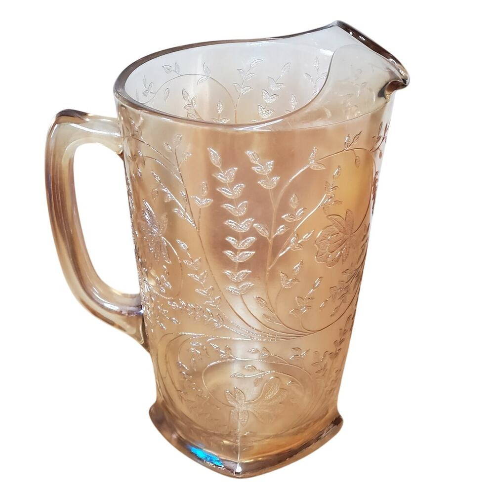 Vintage Jeanette Carnival Glass Pitcher Floragold Louisa 8.5" Iridescent